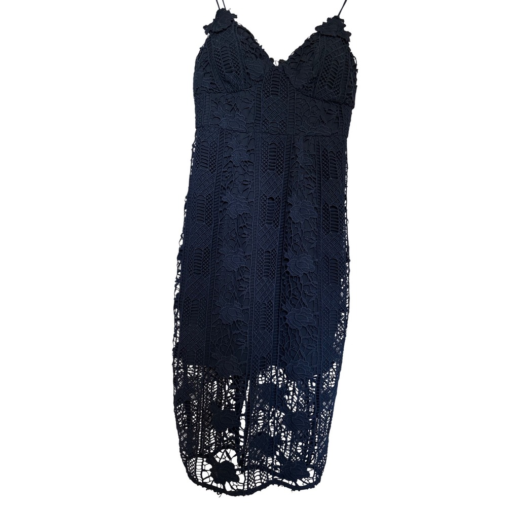 Lumier by Bariano Lace Midi Dress Floral Spaghetti Strap Navy Blue S‎